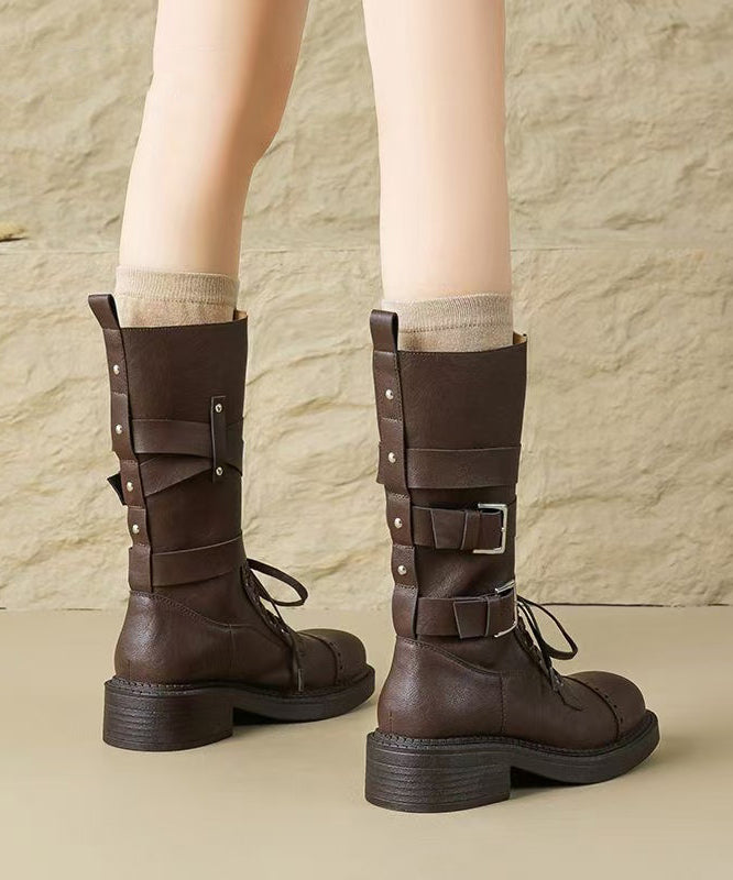 Handmade Splicing Chunky Boots Brown Faux Leather