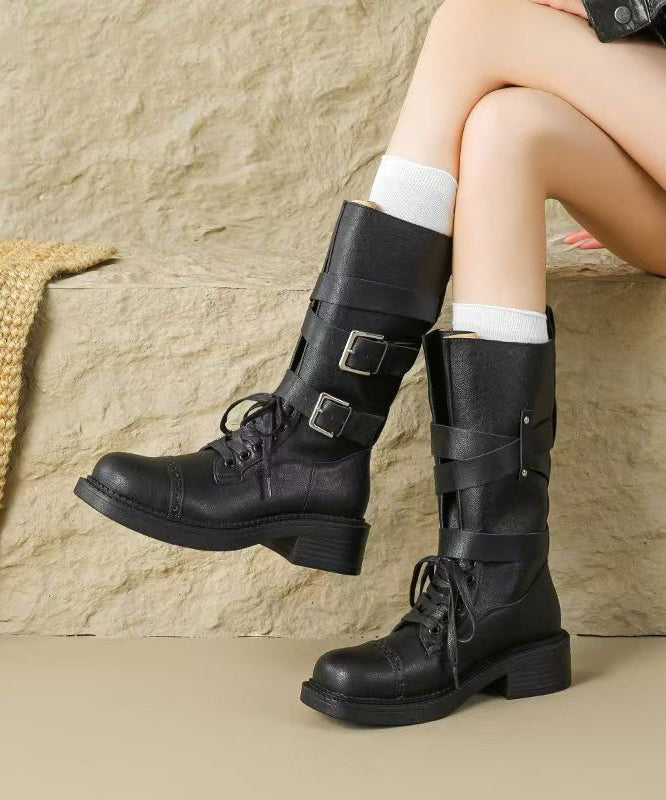 Handmade Splicing Chunky Boots Brown Faux Leather