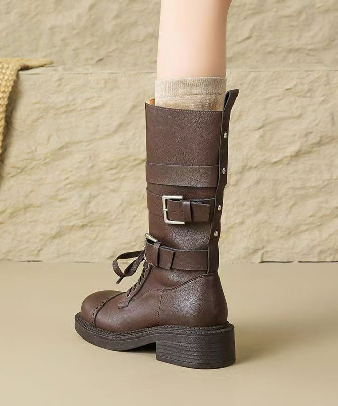 Handmade Splicing Chunky Boots Brown Faux Leather