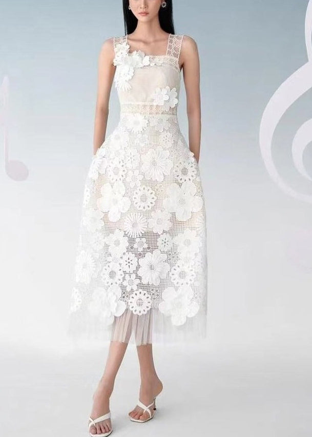 Handmade White Embroidered Hollow Out Lace Long Dress Sleeveless