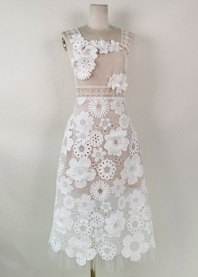 Handmade White Embroidered Hollow Out Lace Long Dress Sleeveless