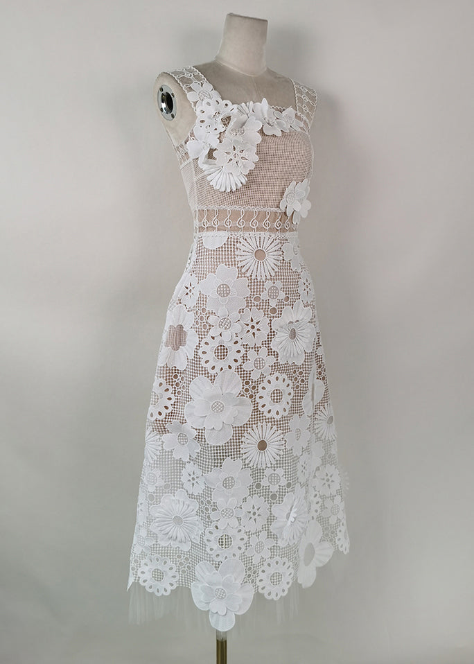 Handmade White Embroidered Hollow Out Lace Long Dress Sleeveless