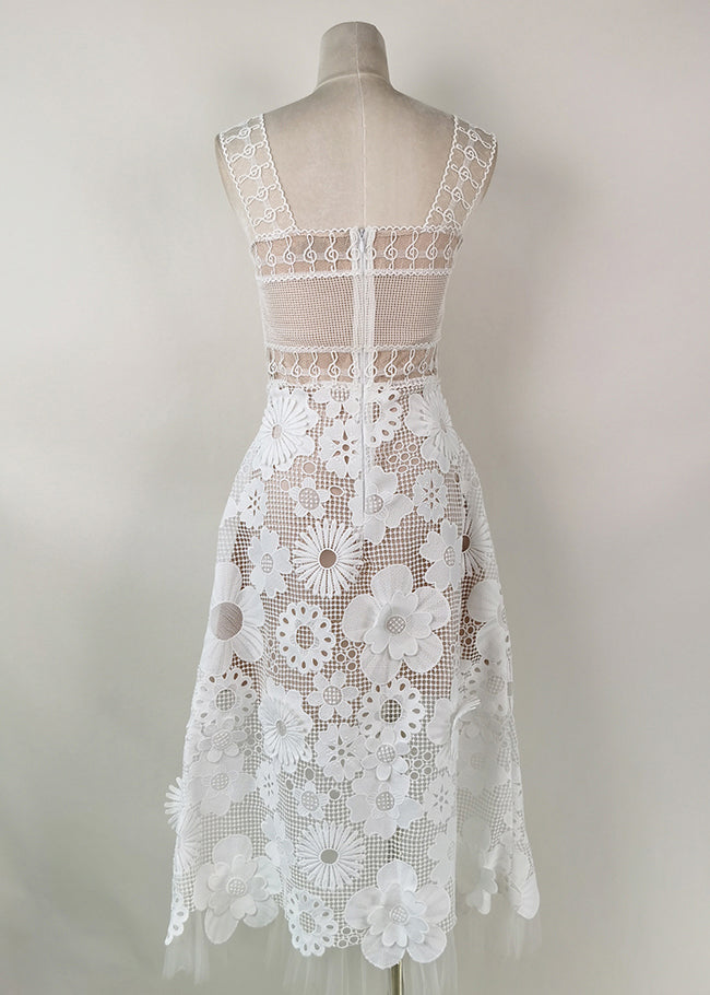 Handmade White Embroidered Hollow Out Lace Long Dress Sleeveless
