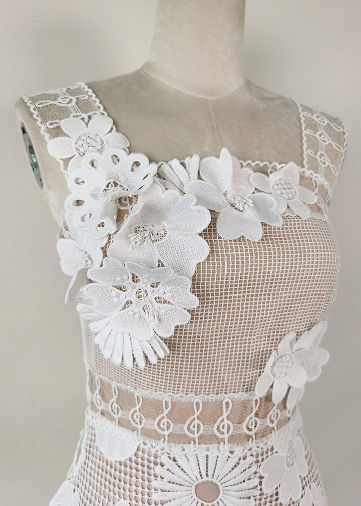 Handmade White Embroidered Hollow Out Lace Long Dress Sleeveless