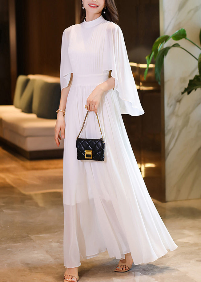 Handmade White Hign Neck Patchwork Chiffon Dress Flare Sleeve