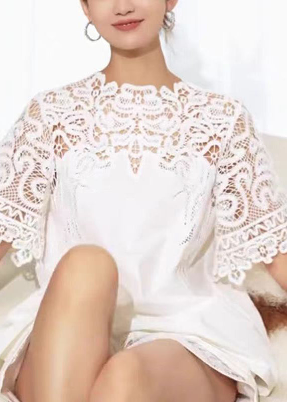 Handmade White Hollow Out Lace Patchwork Cotton Shirt Summer