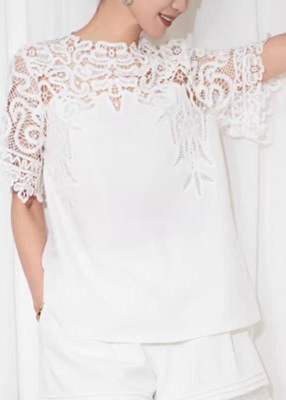 Handmade White Hollow Out Lace Patchwork Cotton Shirt Summer