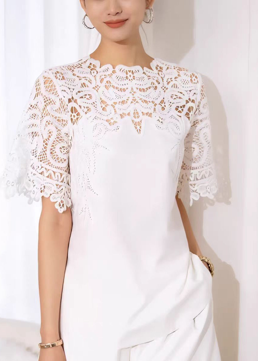 Handmade White Hollow Out Lace Patchwork Cotton Shirt Summer