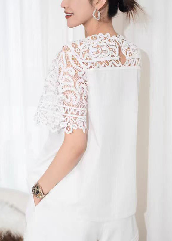 Handmade White Hollow Out Lace Patchwork Cotton Shirt Summer
