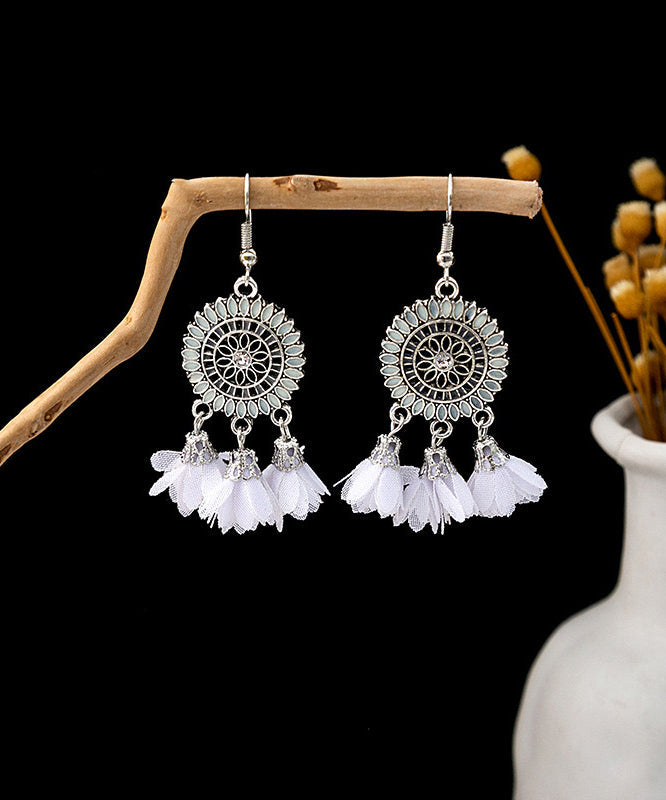 Handmade White Sterling Silver Zircon Chiffon Floral Tassel Drop Earrings