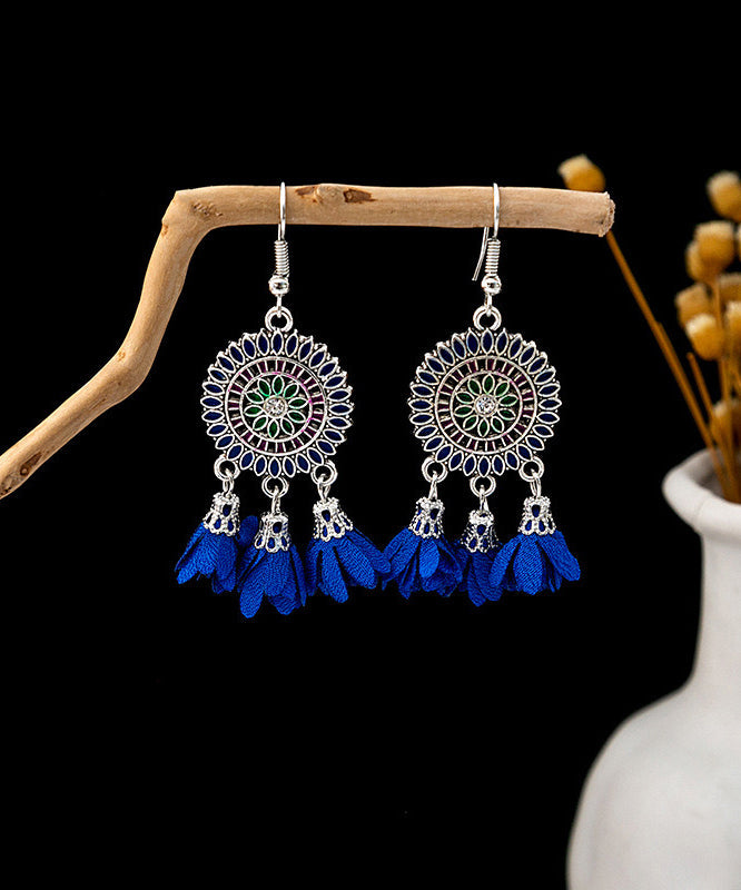 Handmade White Sterling Silver Zircon Chiffon Floral Tassel Drop Earrings