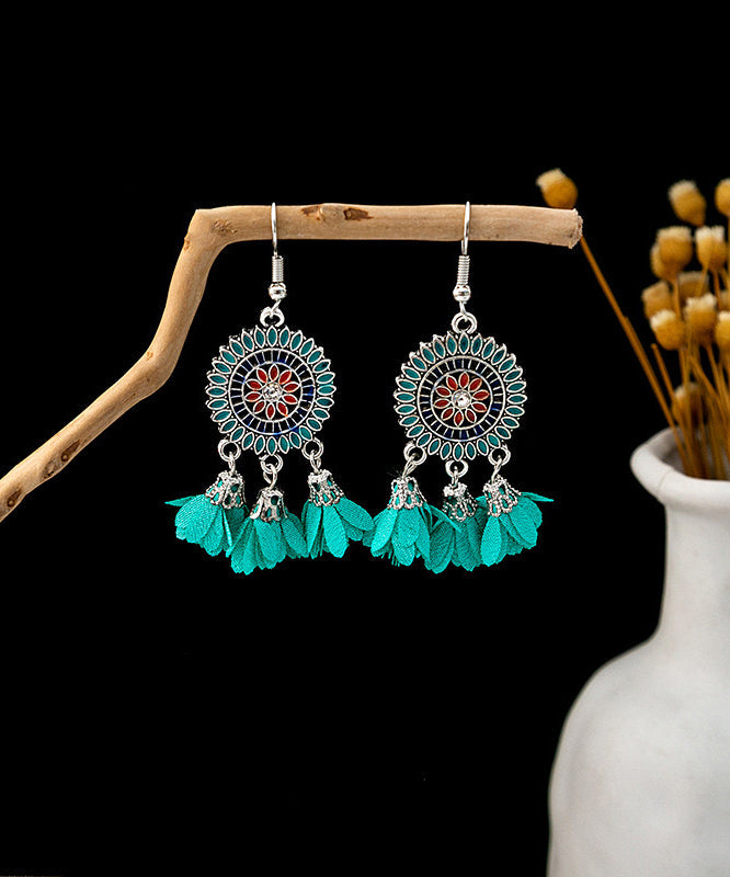 Handmade White Sterling Silver Zircon Chiffon Floral Tassel Drop Earrings