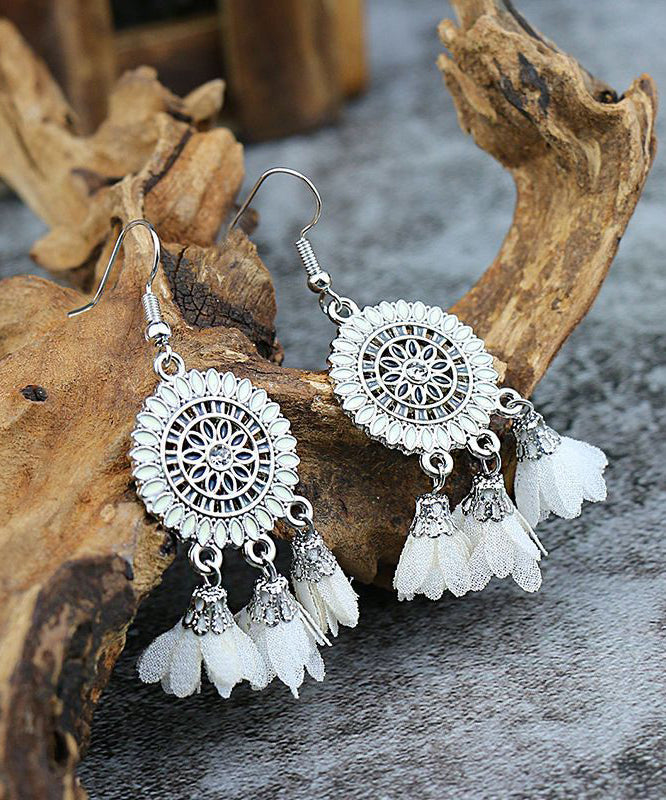 Handmade White Sterling Silver Zircon Chiffon Floral Tassel Drop Earrings