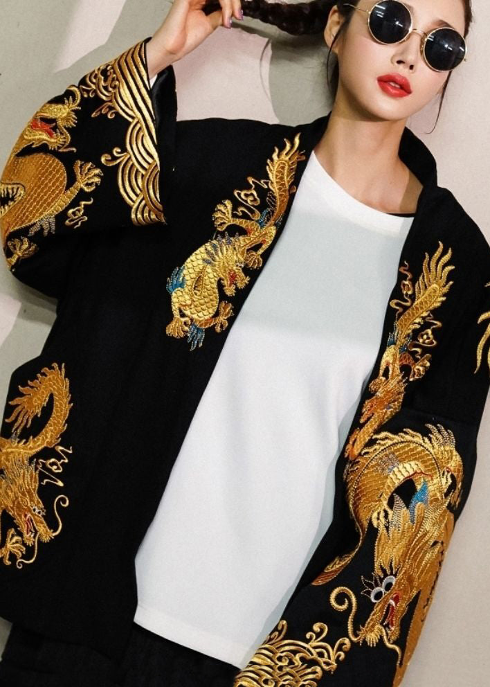 2025 Trendy Gold Printed Dragon Oversized Cotton Cardigan Jacket