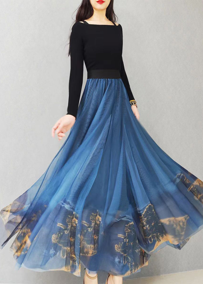 Italian Blue Print Exra Large Hem Loose Tulle Skirt Spring