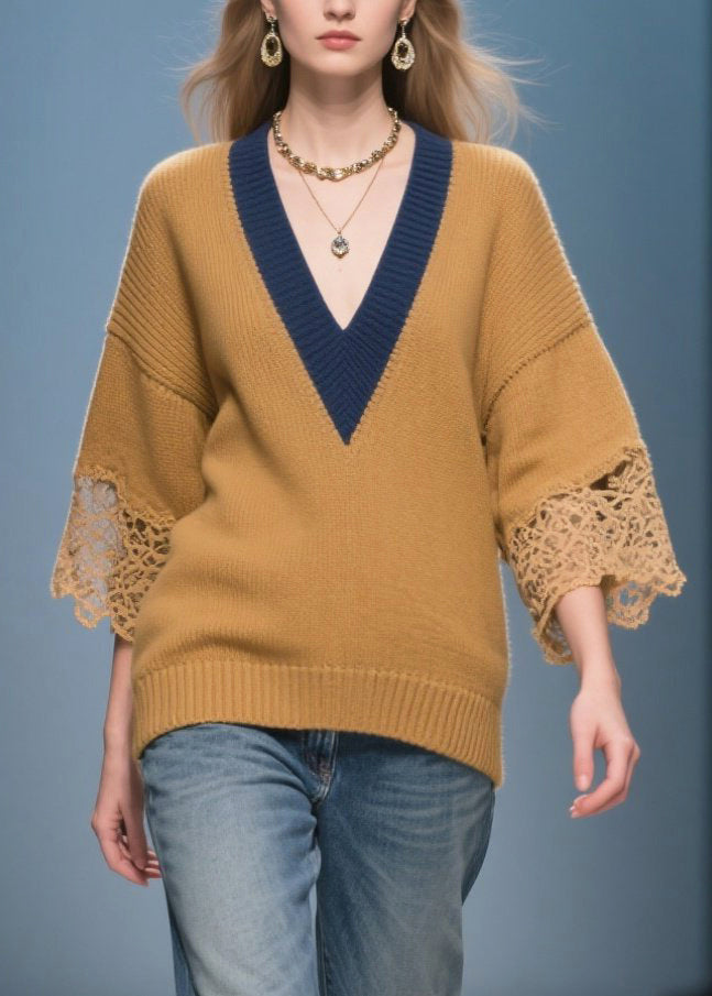 Style Black V Neck Patchwork Lace Shirt Top Spring main image 1