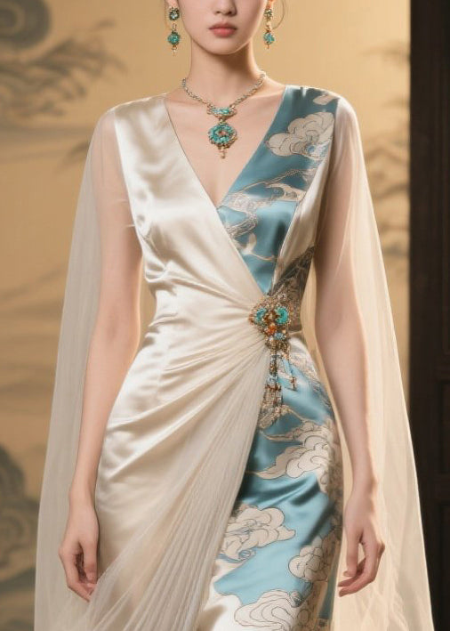 Italian Champagne Print Asymmetrical Patchwork Tulle Party Dress Summer