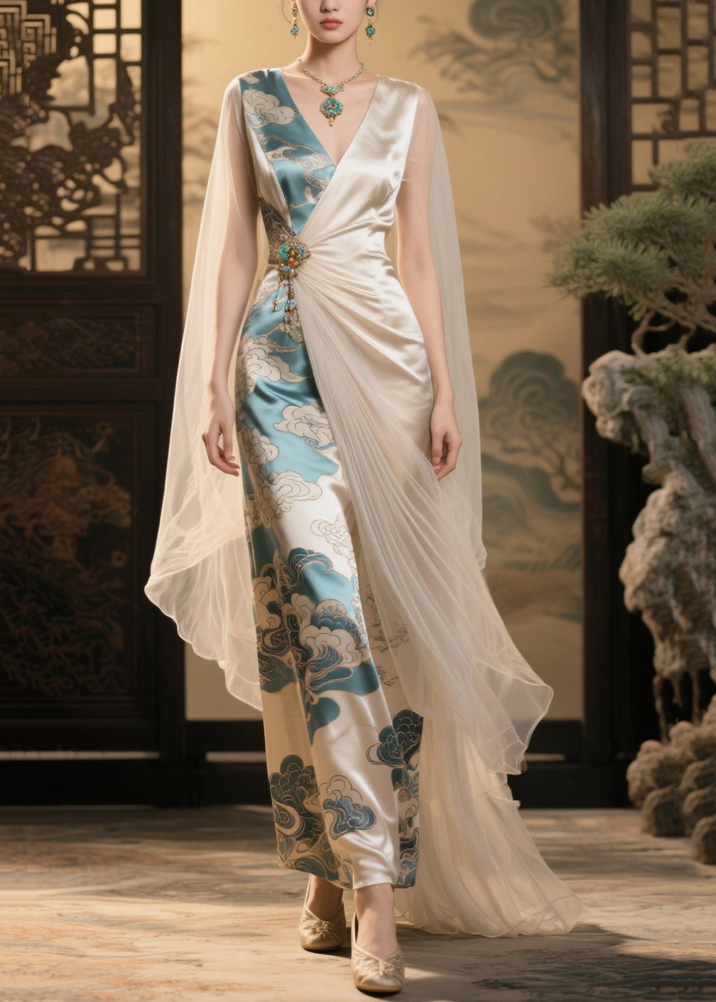 Italian Champagne Print Asymmetrical Patchwork Tulle Party Dress Summer