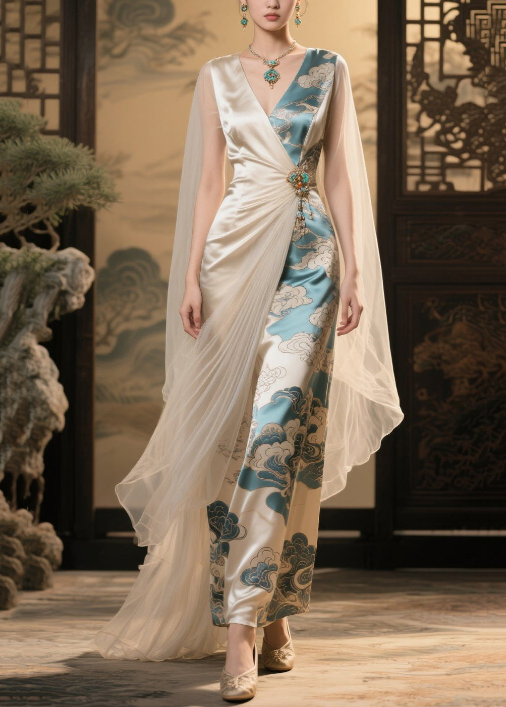 Italian Champagne Print Asymmetrical Patchwork Tulle Party Dress Summer