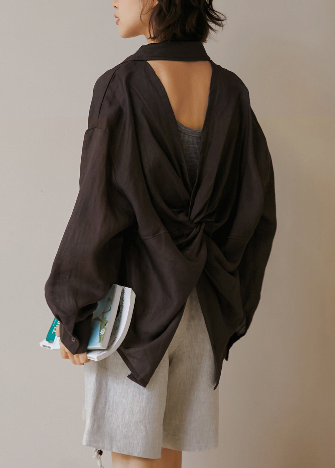 Italian Coffee Backless Button Linen Blouses Fall