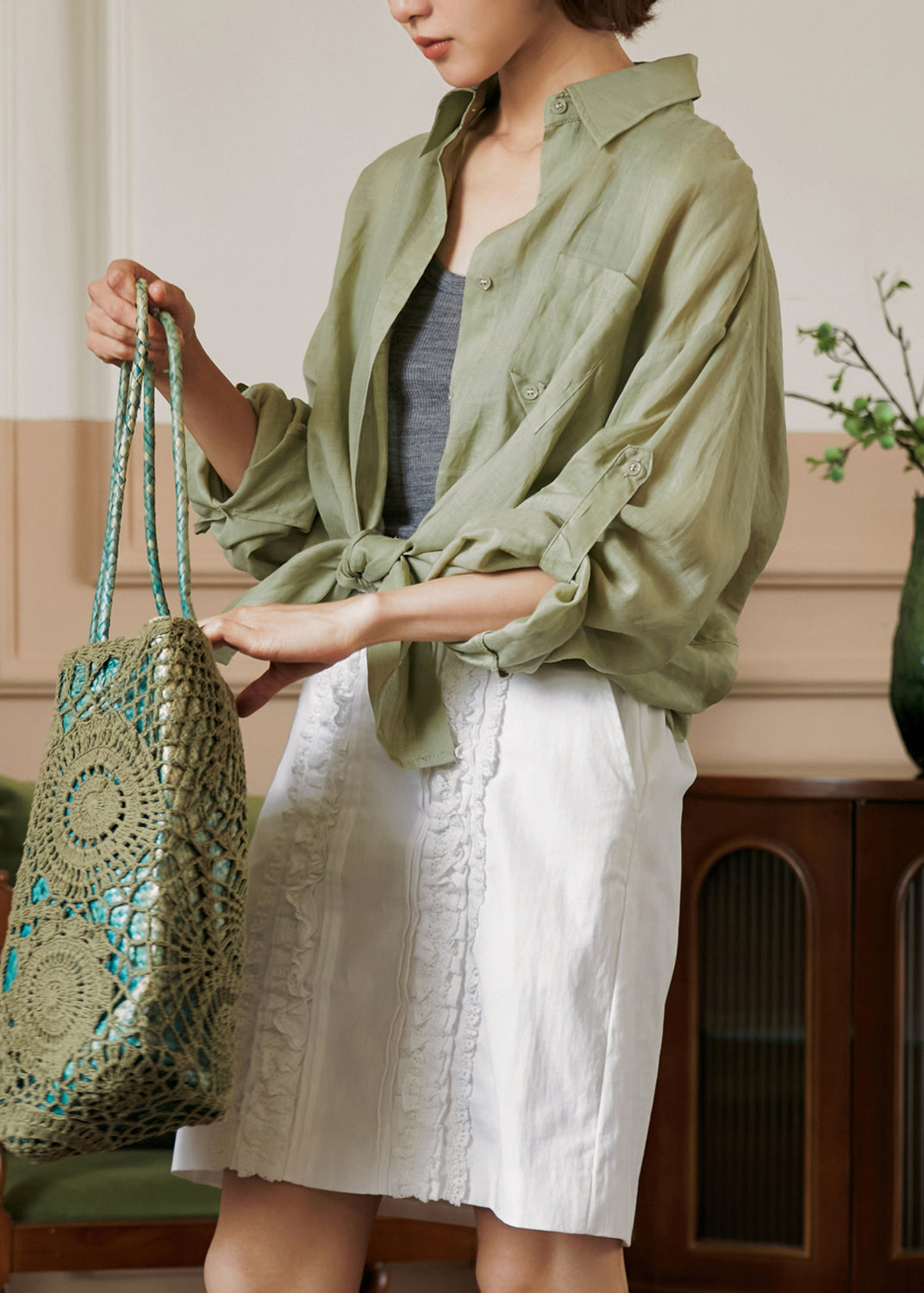 Italian Coffee Backless Button Linen Blouses Fall