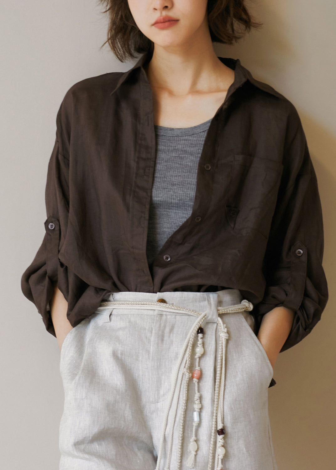 Italian Coffee Backless Button Linen Blouses Fall