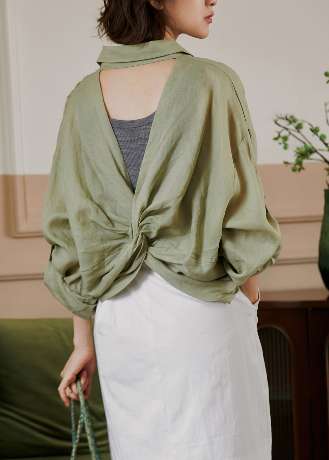 Italian Coffee Backless Button Linen Blouses Fall