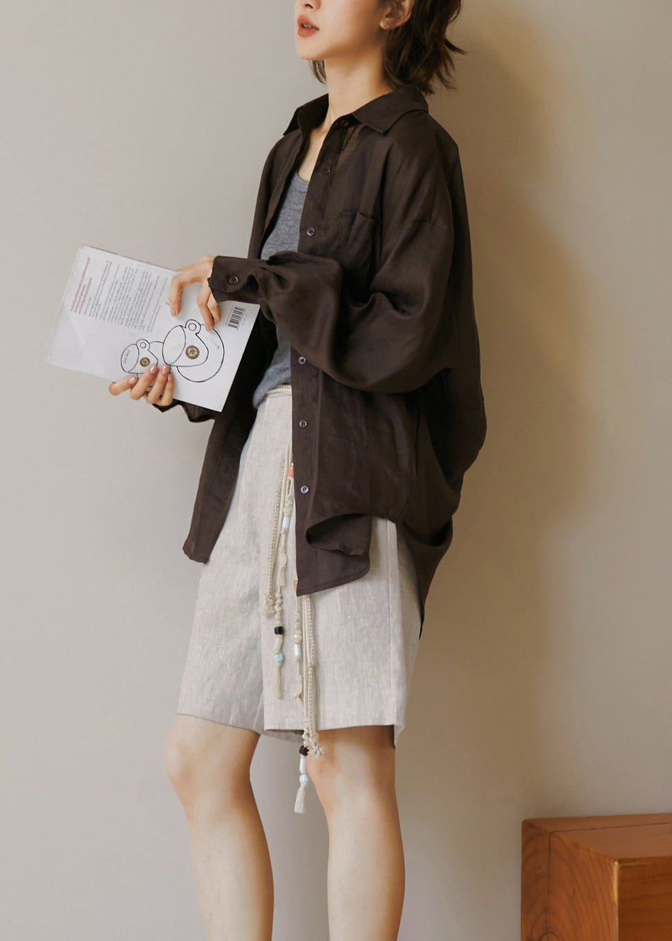 Italian Coffee Backless Button Linen Blouses Fall