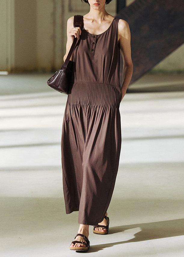 Italian Coffee O Neck Wrinkled Cotton Long Dresses Sleeveless