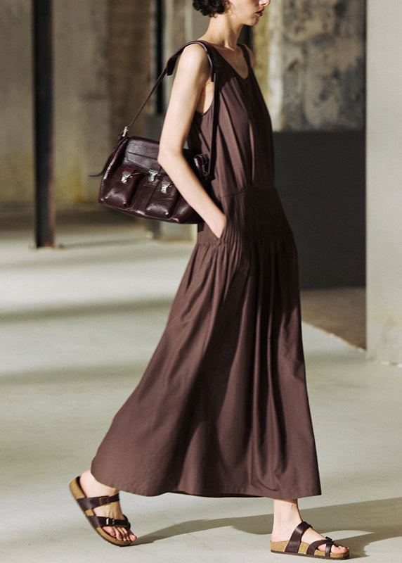 Italian Coffee O Neck Wrinkled Cotton Long Dresses Sleeveless