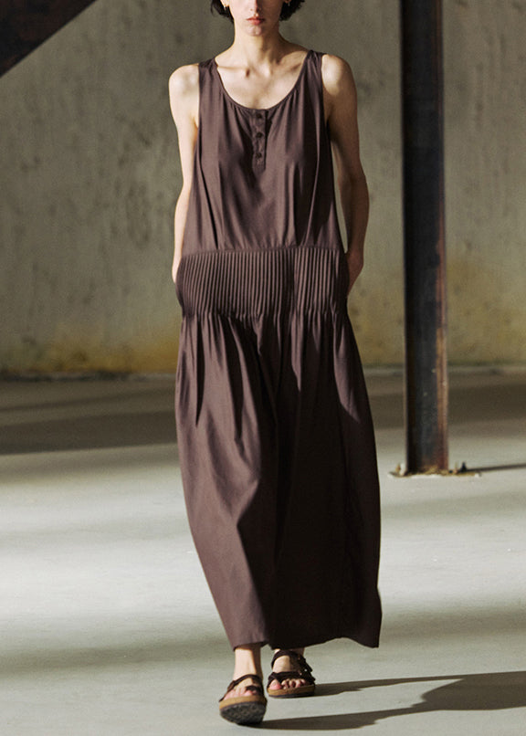 Italian Coffee O Neck Wrinkled Cotton Long Dresses Sleeveless