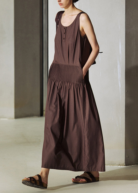 Italian Coffee O Neck Wrinkled Cotton Long Dresses Sleeveless
