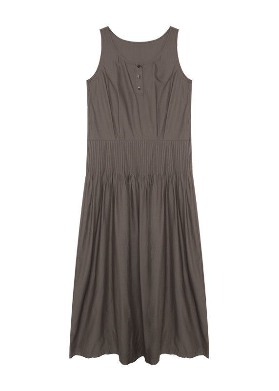 Italian Coffee O Neck Wrinkled Cotton Long Dresses Sleeveless