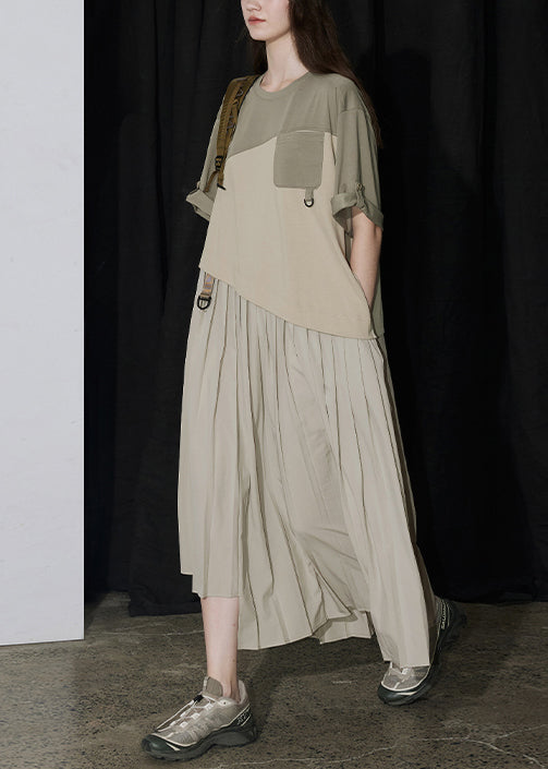 Italian Colorblock Asymmetrical Wrinkled Patchwork Cotton Dresses Summer