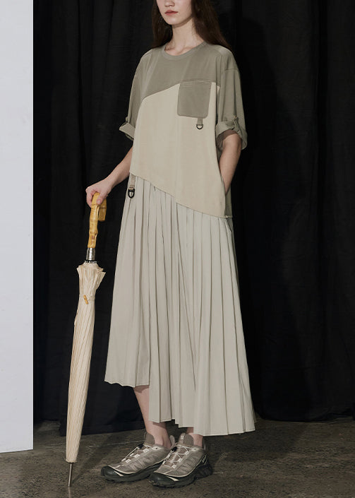 Italian Colorblock Asymmetrical Wrinkled Patchwork Cotton Dresses Summer