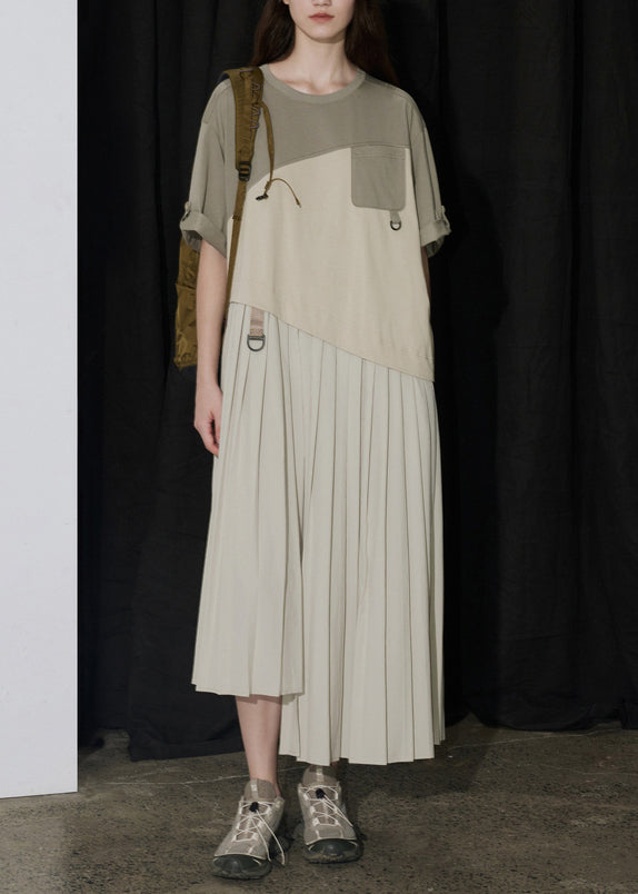 Italian Colorblock Asymmetrical Wrinkled Patchwork Cotton Dresses Summer