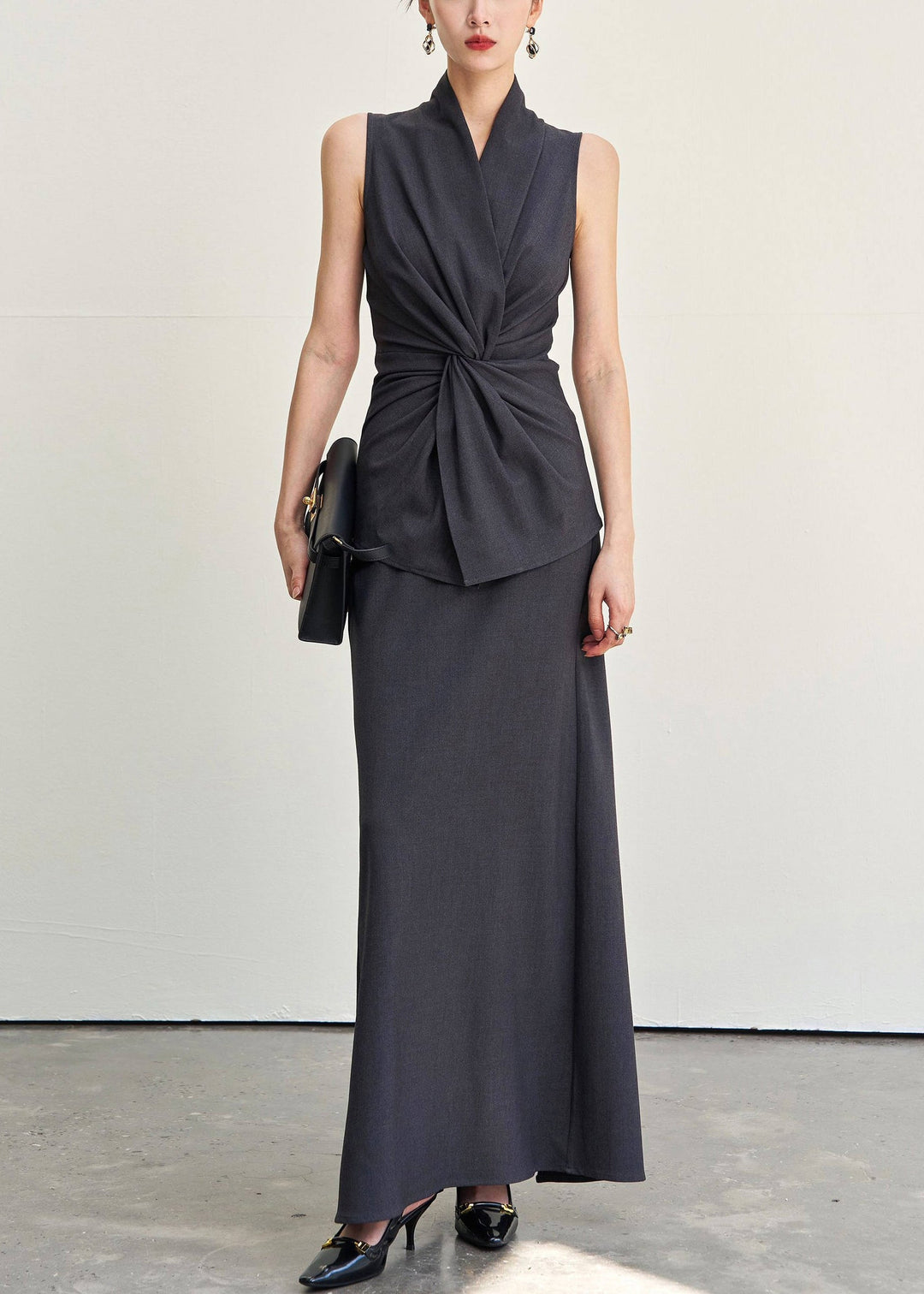 Italian Dark Gray V Neck Wrinkled Tank And Skirts Cotton Two Pieces Set Sleeveless