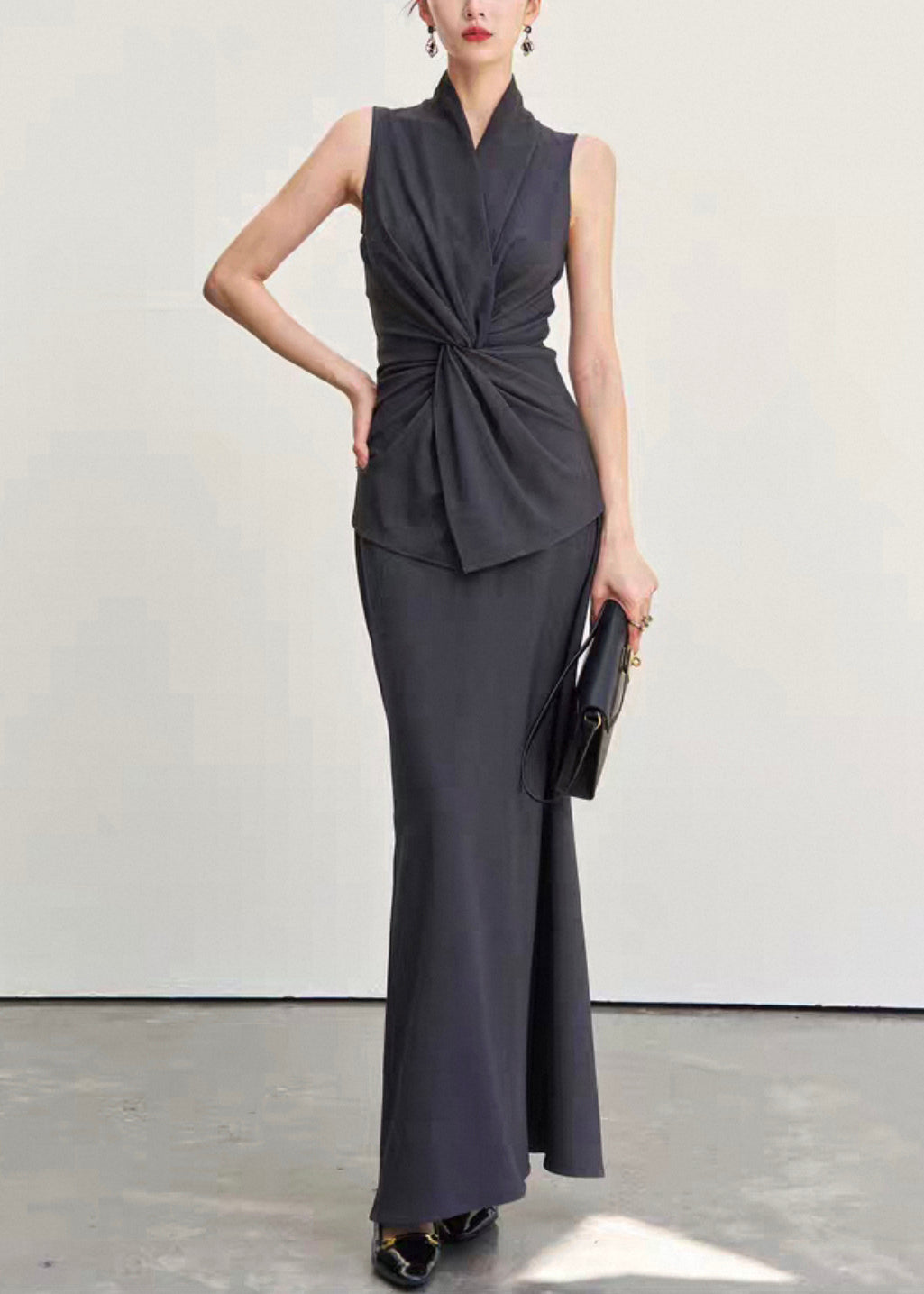 Italian Dark Gray V Neck Wrinkled Tank And Skirts Cotton Two Pieces Set Sleeveless