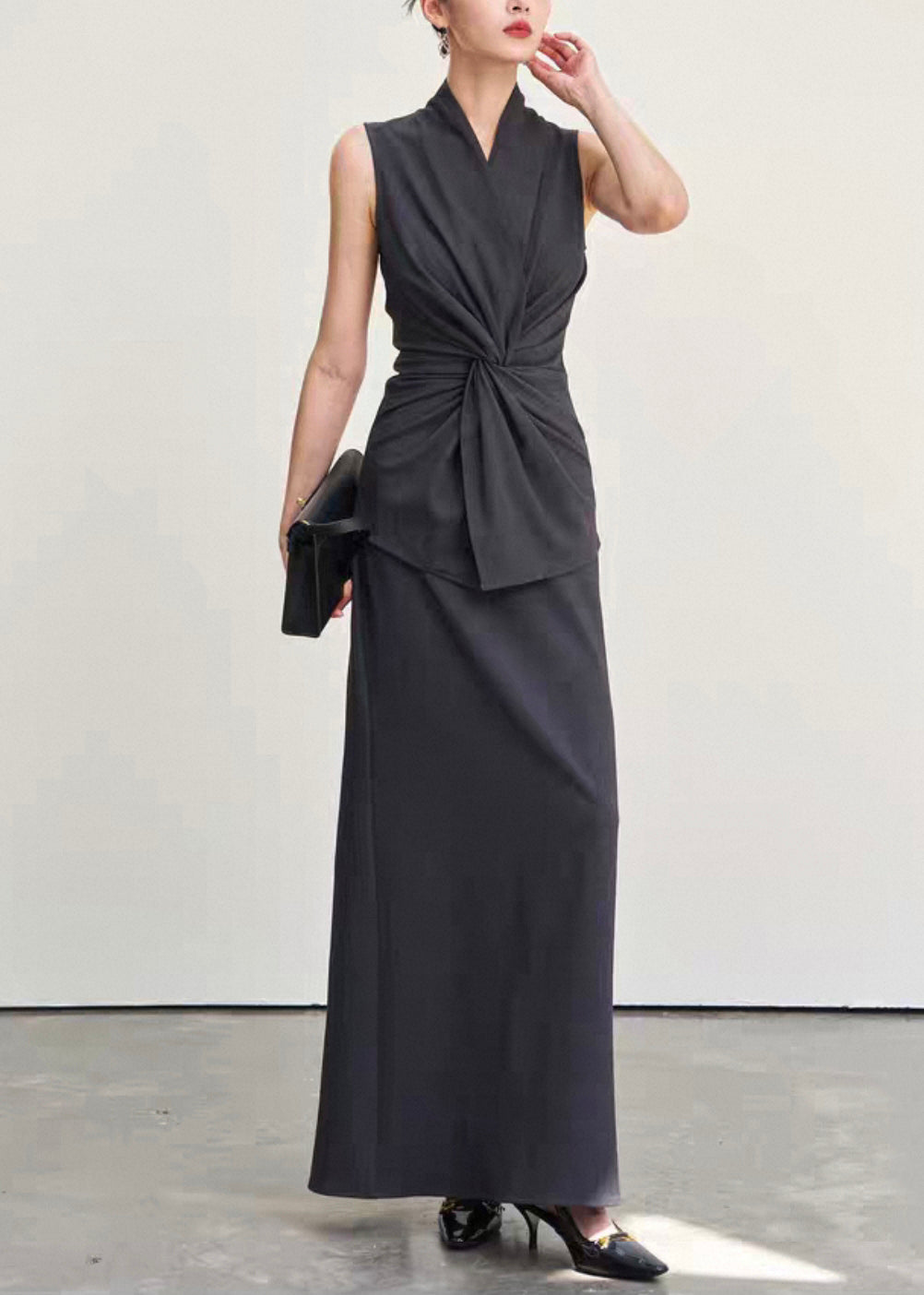 Italian Dark Gray V Neck Wrinkled Tank And Skirts Cotton Two Pieces Set Sleeveless