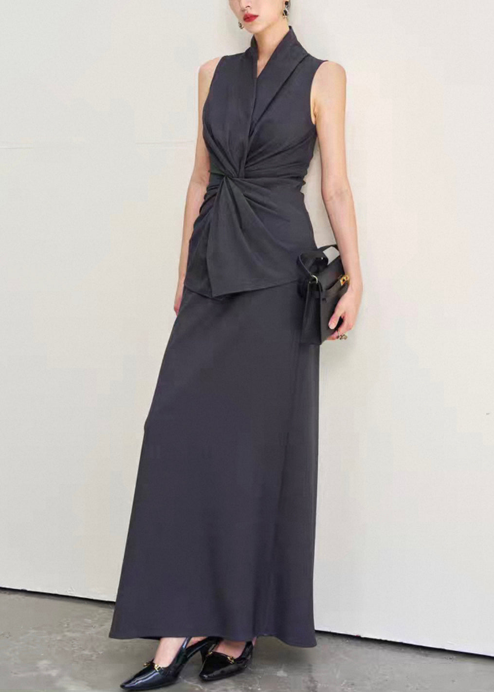 Italian Dark Gray V Neck Wrinkled Tank And Skirts Cotton Two Pieces Set Sleeveless