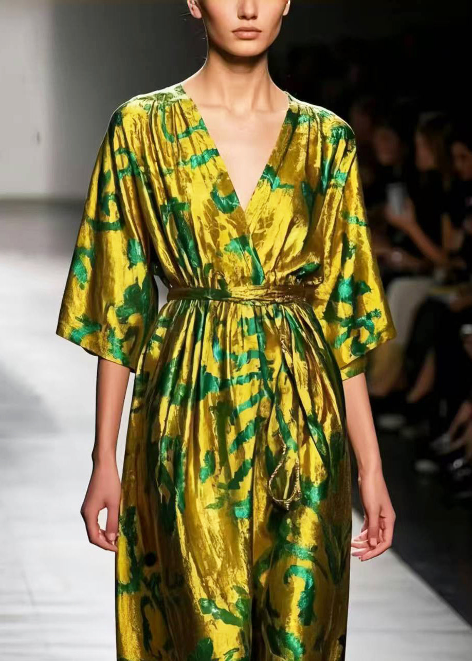 Italian Fluorescent Green Print Silk Tunic Dresses Summer