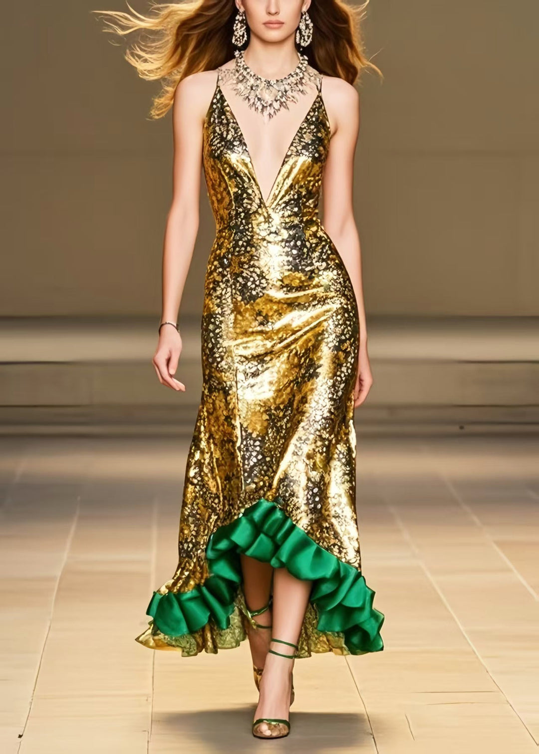 Italian Golden Ruffled Patchwork Silk Wraped Dress Summer