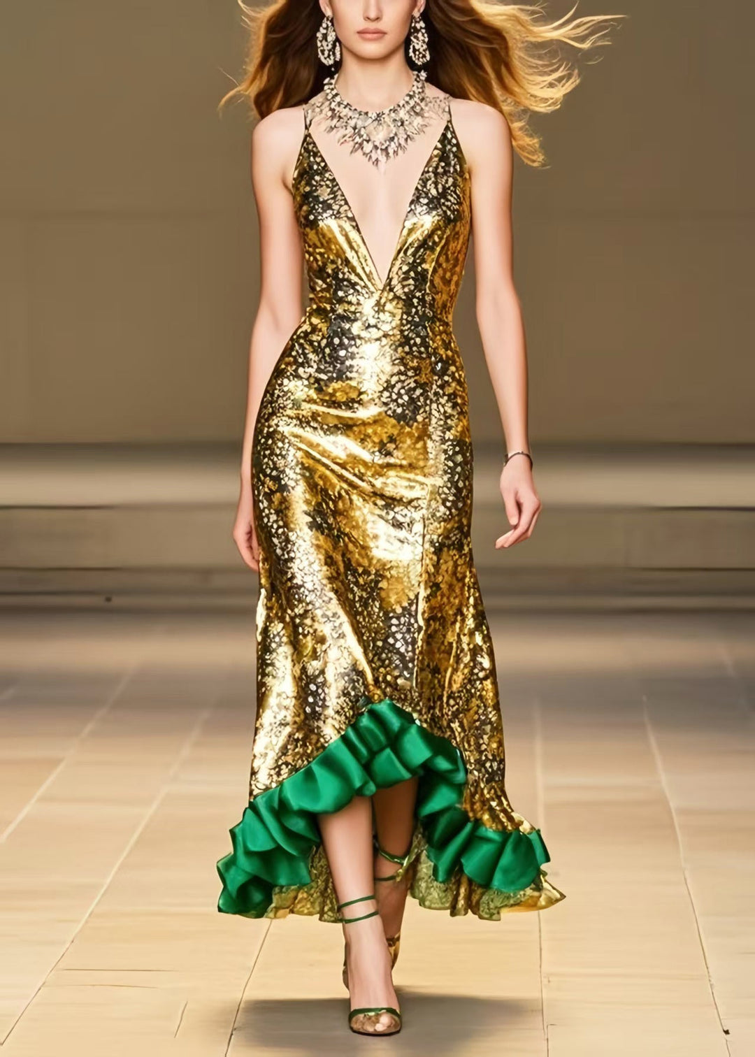 Italian Golden Ruffled Patchwork Silk Wraped Dress Summer