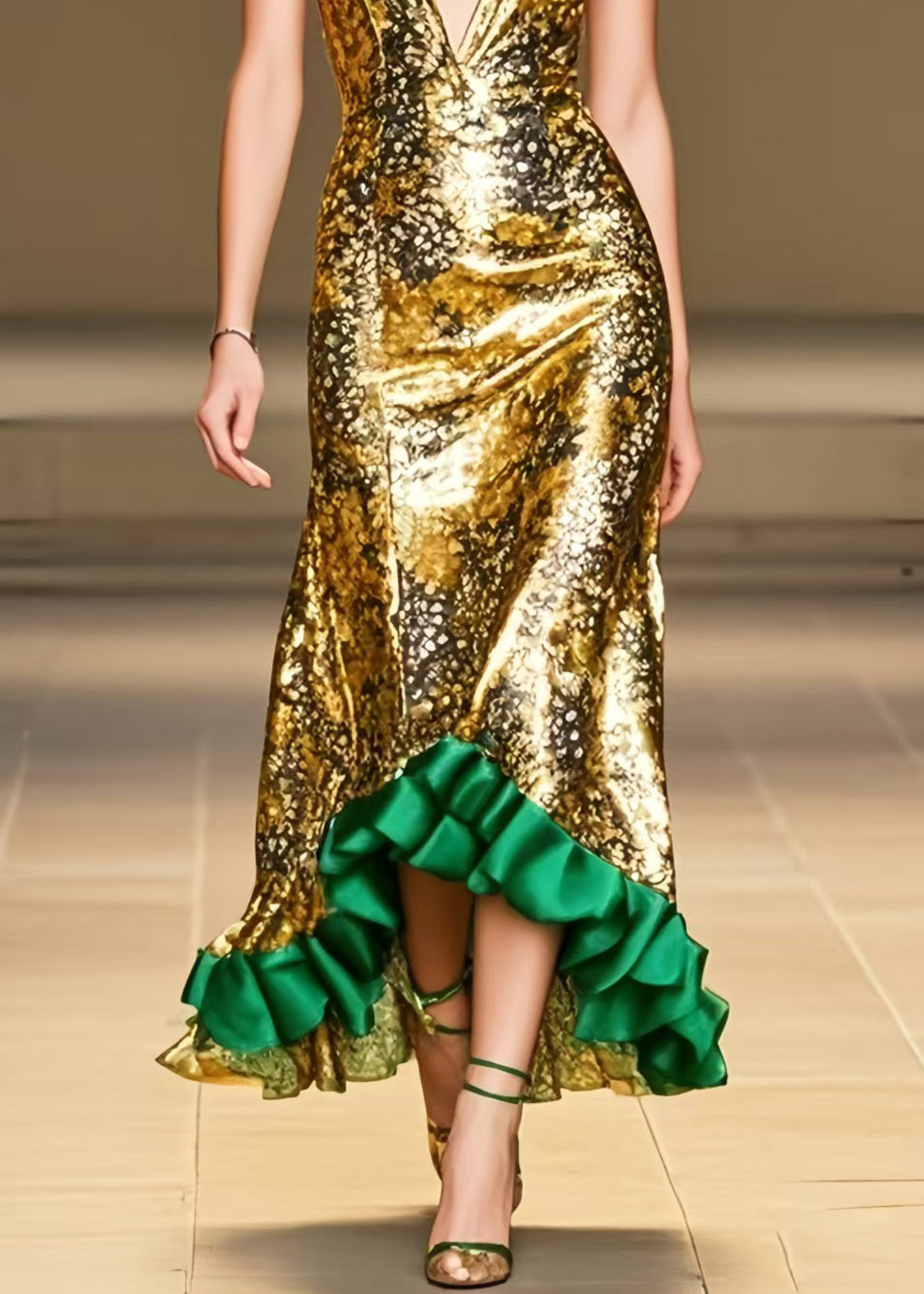 Italian Golden Ruffled Patchwork Silk Wraped Dress Summer