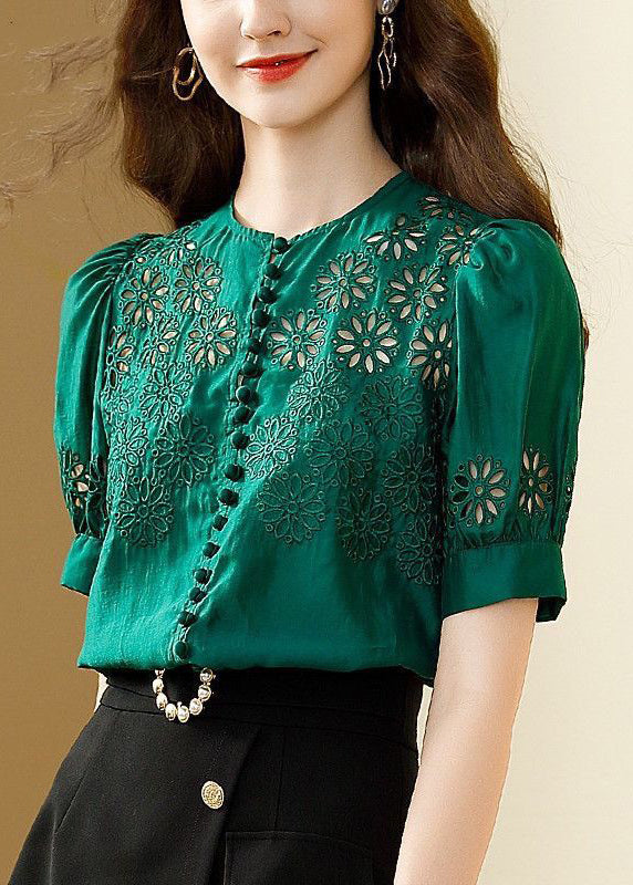 Italian Green Hollow Out Embroidered Silk Shirt Top Summer