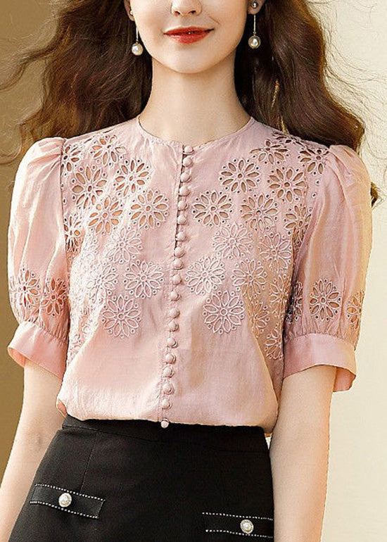 Italian Green Hollow Out Embroidered Silk Shirt Top Summer