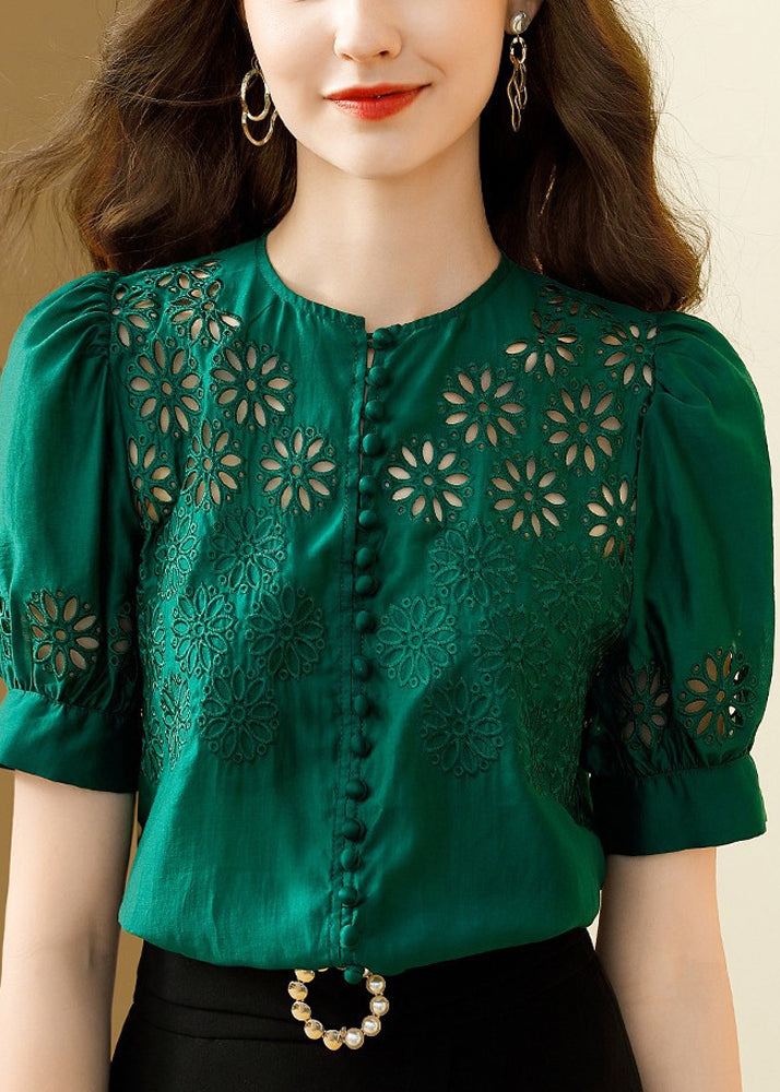 Italian Green Hollow Out Embroidered Silk Shirt Top Summer