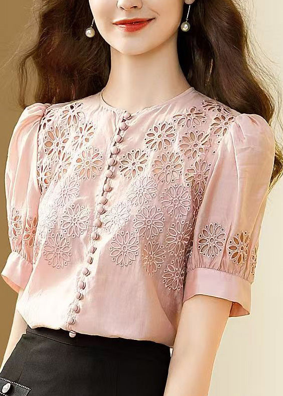 Italian Green Hollow Out Embroidered Silk Shirt Top Summer