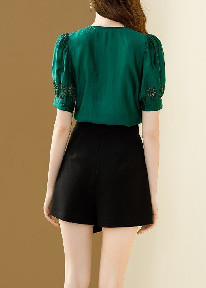 Italian Green Hollow Out Embroidered Silk Shirt Top Summer
