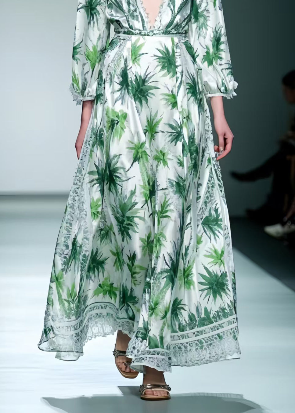 Italian Green Leaf Print Exra Large Hem Silk Dress Bracelet Sleeve
